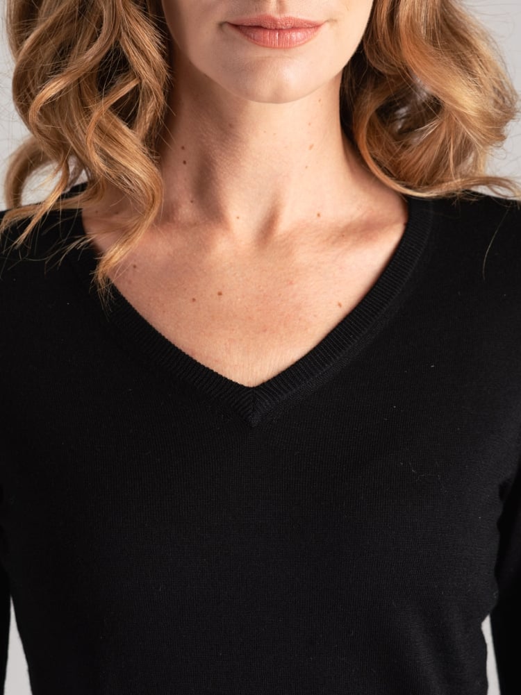 Jersey de lana merina con cuello de pico para mujer