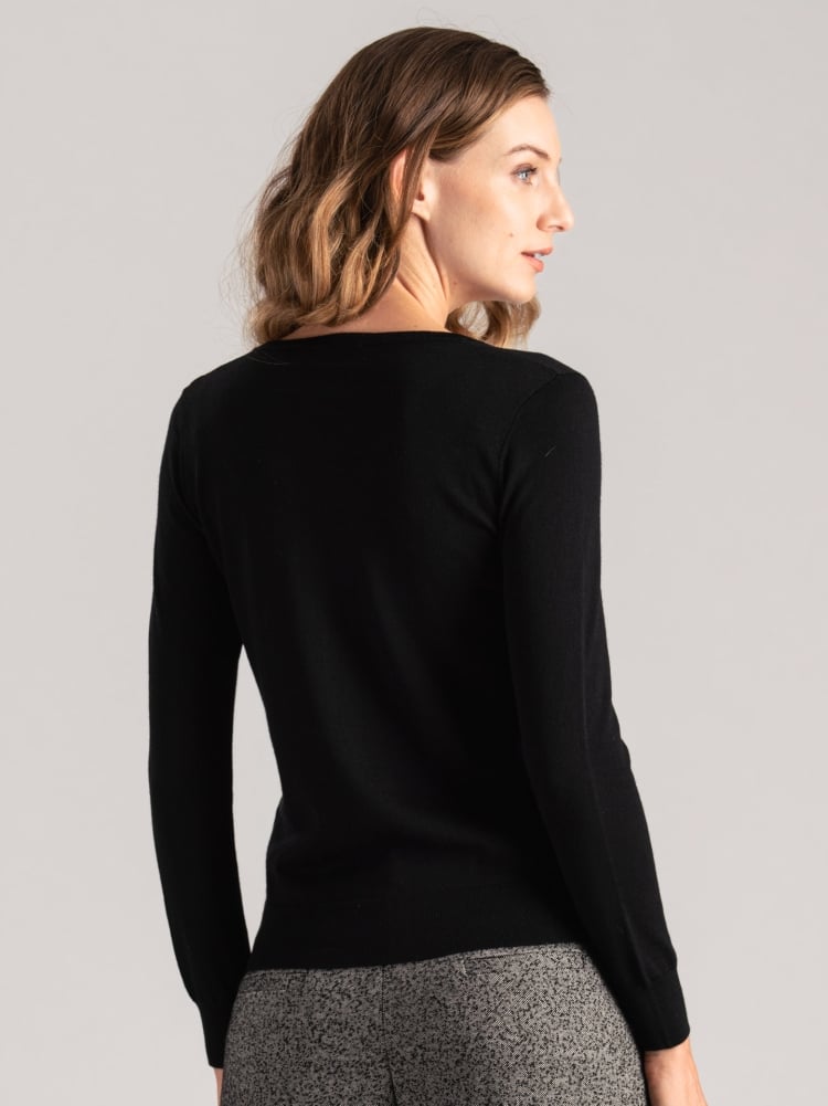 Jersey de lana merina con cuello de pico para mujer