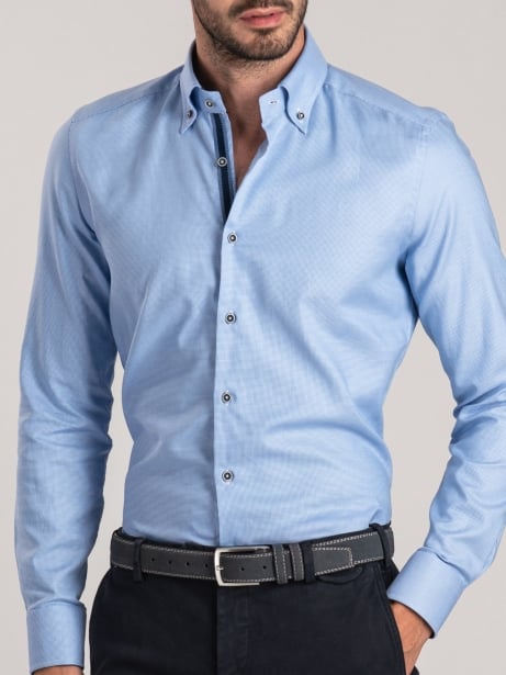 Camisa abotonada microarmada azul claro para hombre