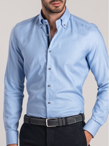 Camisa abotonada microarmada azul claro para hombre
