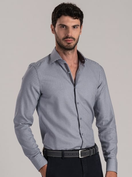 Camisa de pata de gallo azul y gris para hombre 2