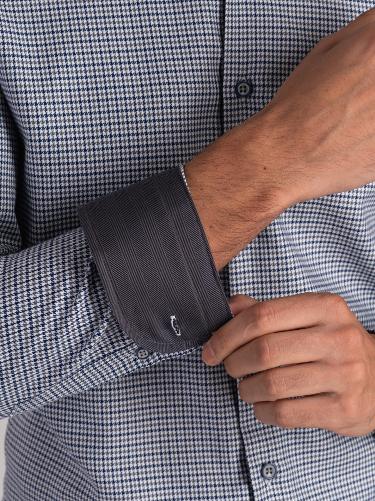 Camisa de pata de gallo azul y gris para hombre