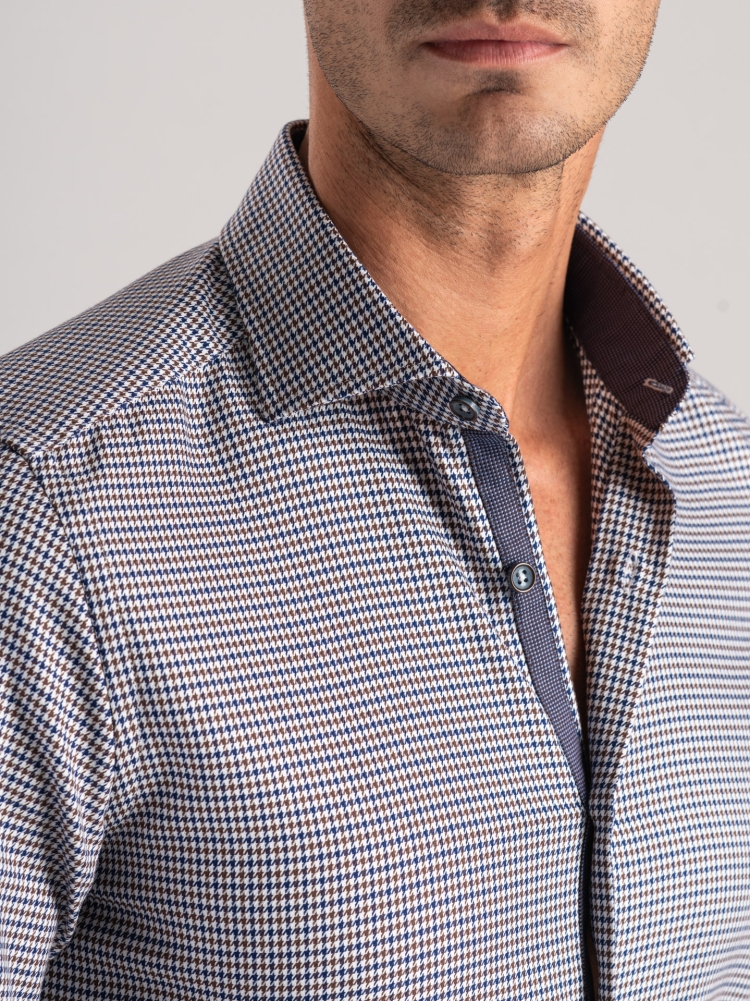 Camisa de pata de gallo azul y marrón para hombre