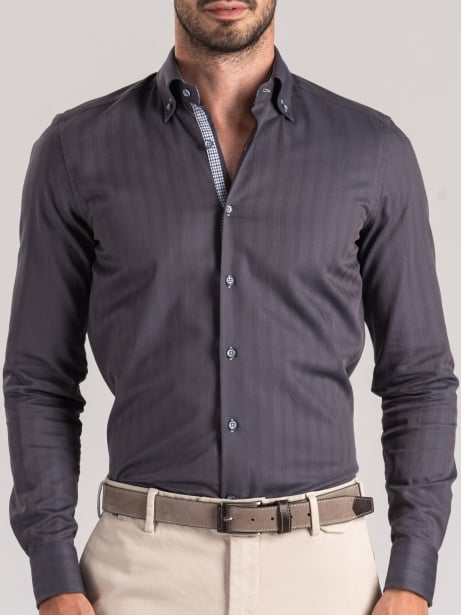 Camisa de hombre en espiga gris cuello abotonado