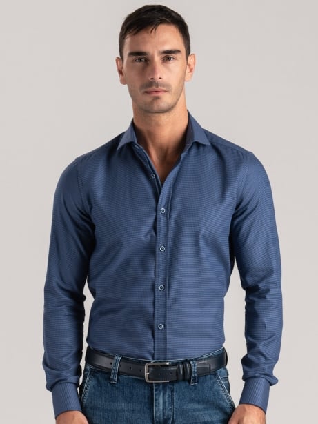 Camisa azul y gris microarmada para hombre