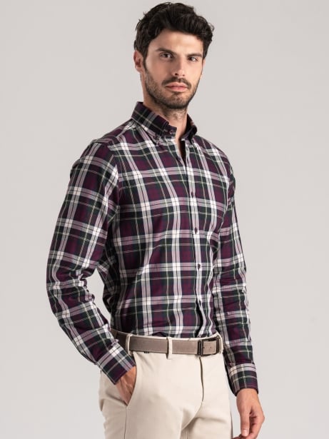 Camisa de hombre azul madrás verde burdeos