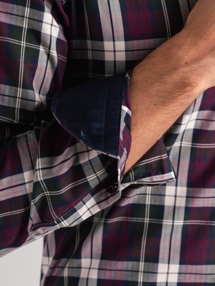 Camisa de hombre azul madrás verde burdeos