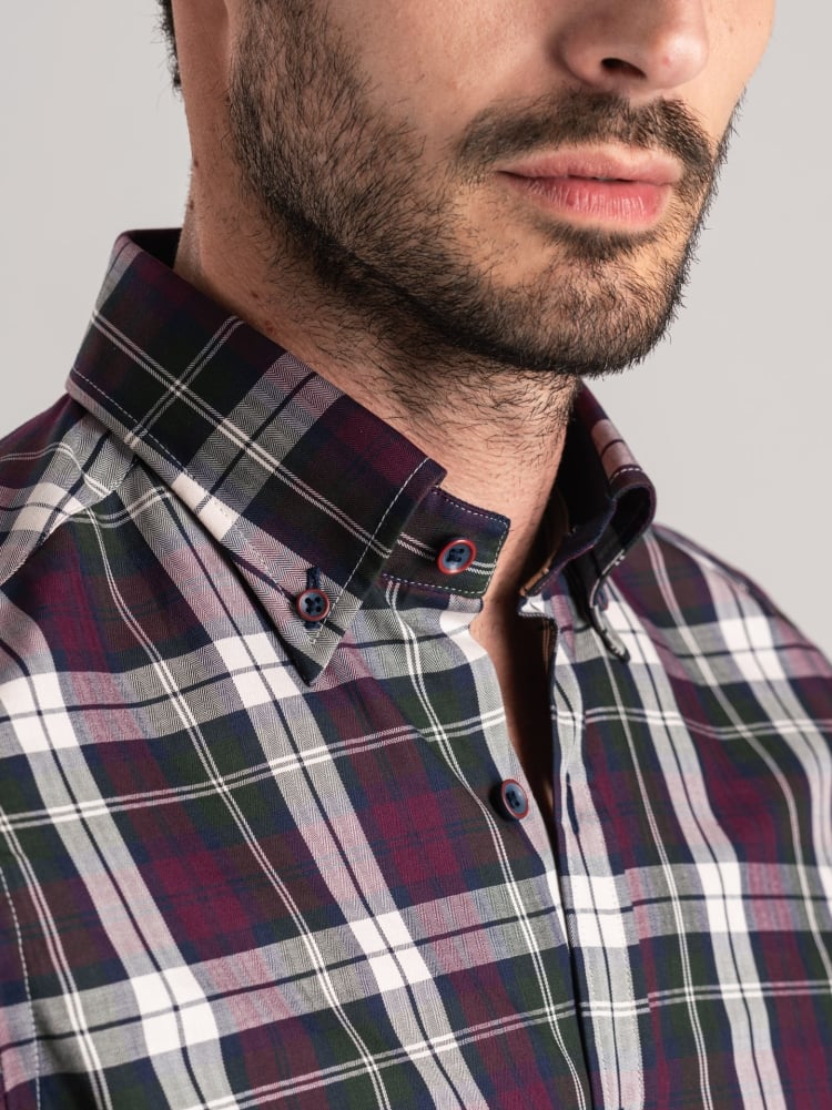 Camisa de hombre azul madrás verde burdeos