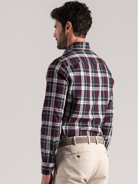 Camisa de hombre azul madrás verde burdeos