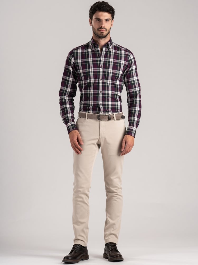 Camisa de hombre azul madrás verde burdeos