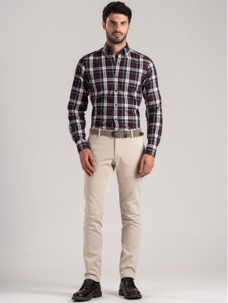 Camisa de hombre azul madrás verde burdeos