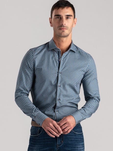 Camisa de hombre geométrica marfil y azul oscuro