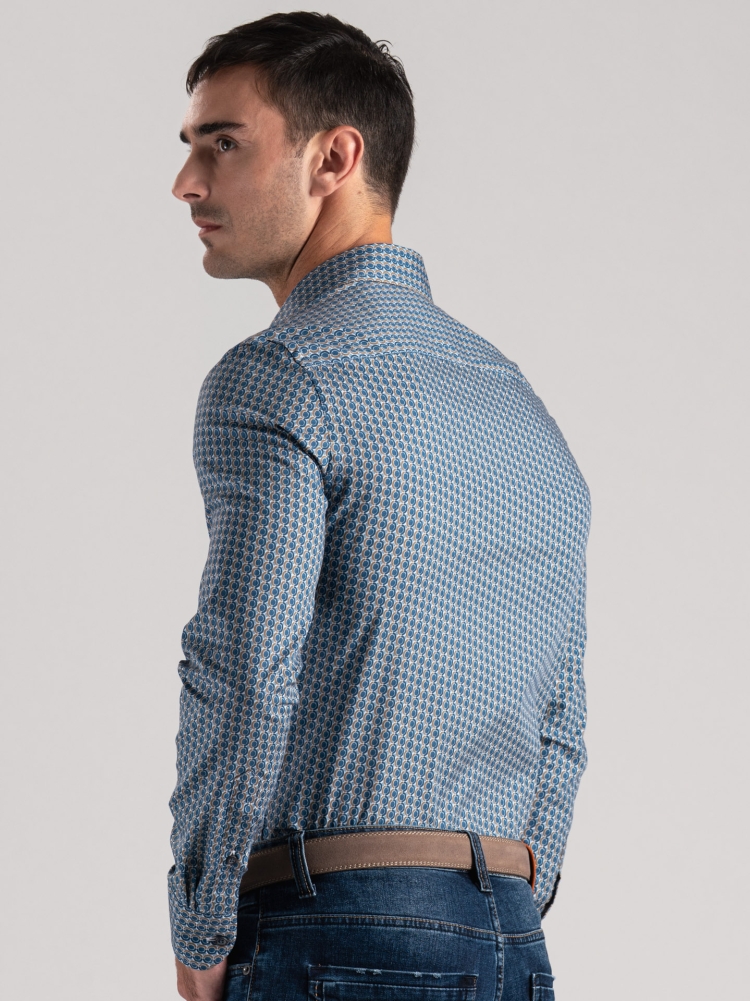 Camisa de hombre geométrica marfil y azul oscuro
