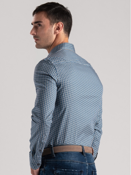 Camisa de hombre geométrica marfil y azul oscuro