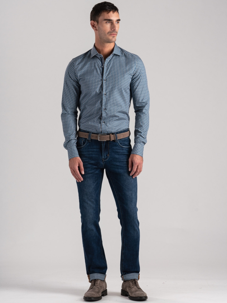 Camisa de hombre geométrica marfil y azul oscuro