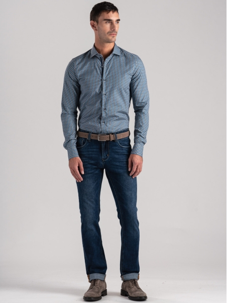 Camisa de hombre geométrica marfil y azul oscuro
