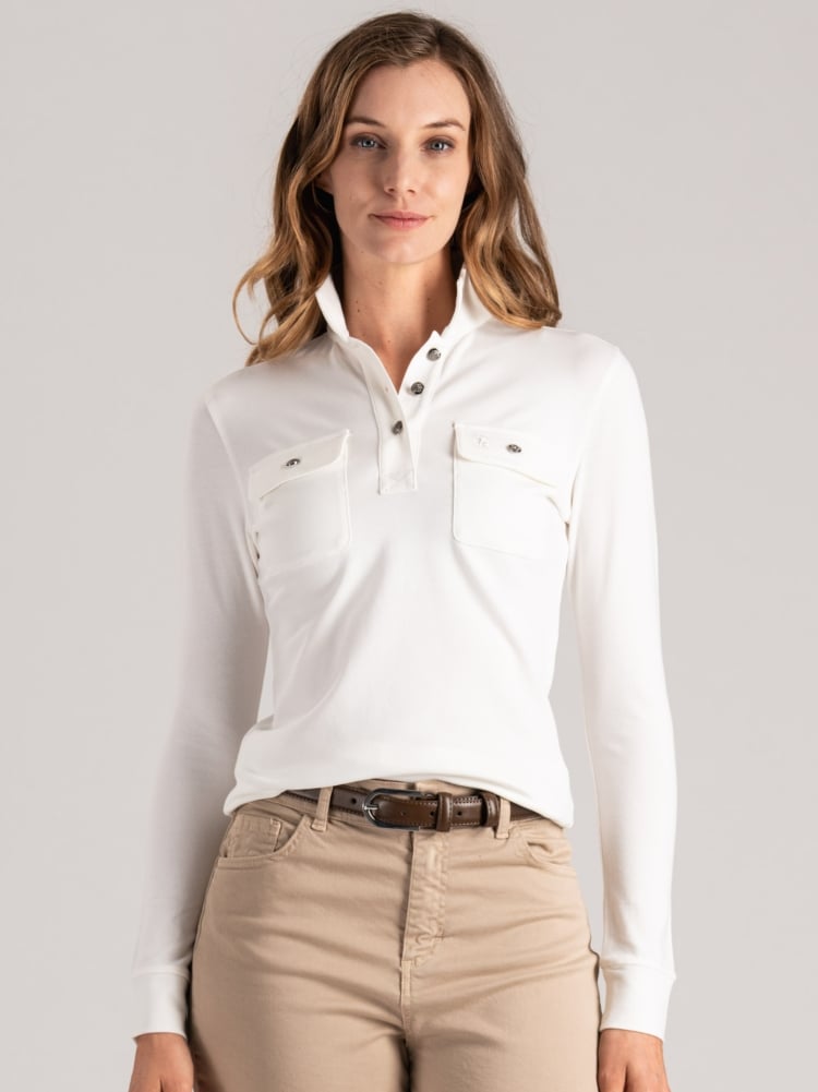 Polo donna in cotone piquet con tasche applicate