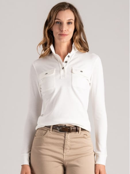 Polo donna in cotone piquet con tasche applicate