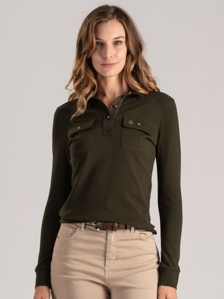 Polo de piqué de algodón para mujer con bolsillos de parche
