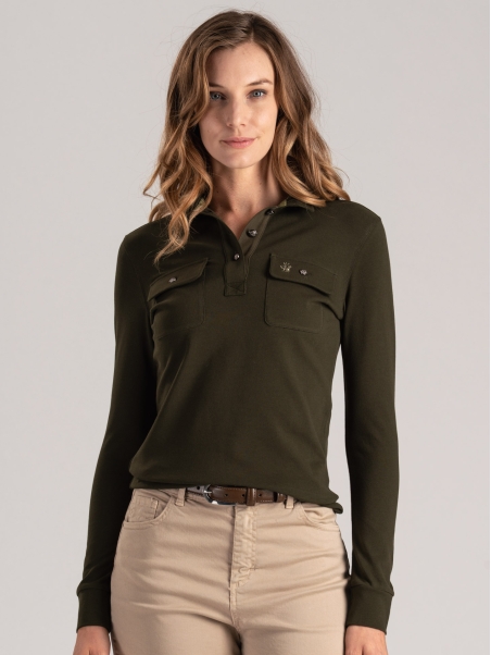 Polo de piqué de algodón para mujer con bolsillos de parche