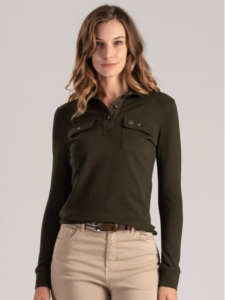Polo donna in cotone piquet con tasche applicate