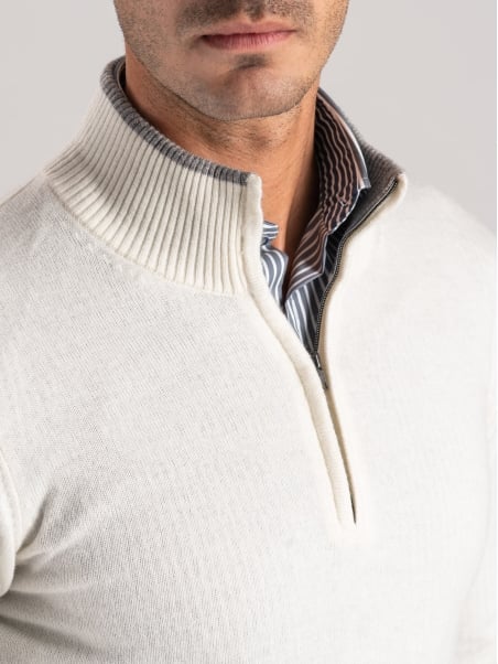 Jersey de hombre con media cremallera en mezcla de cachemira con contrastes