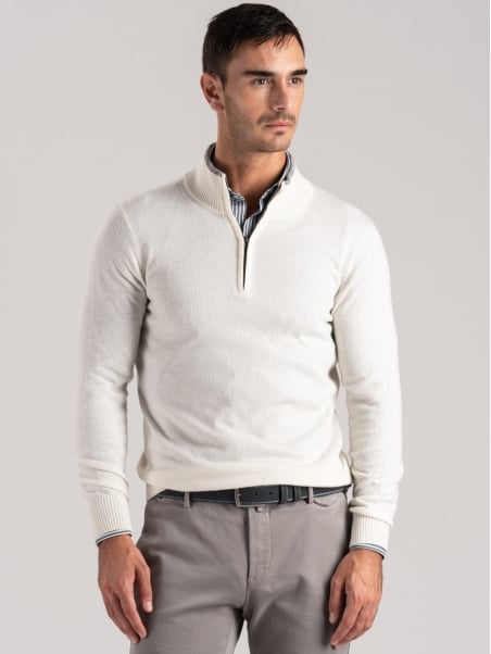Jersey de hombre con media cremallera en mezcla de cachemira con contrastes
