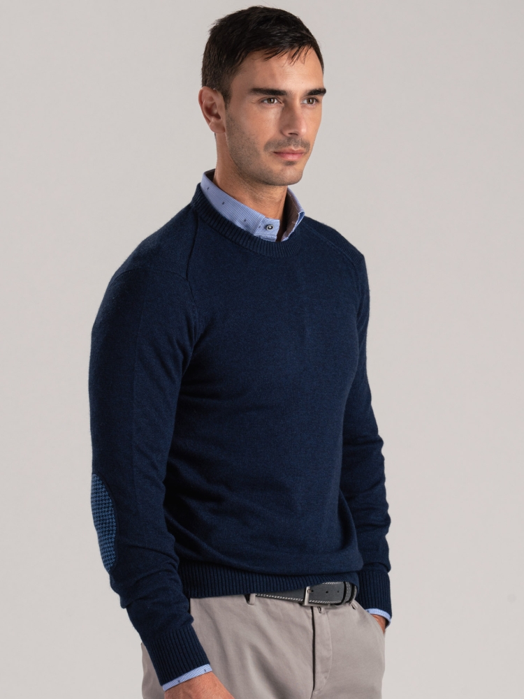 Jersey de hombre con cuello redondo y parches de mezcla de cachemira