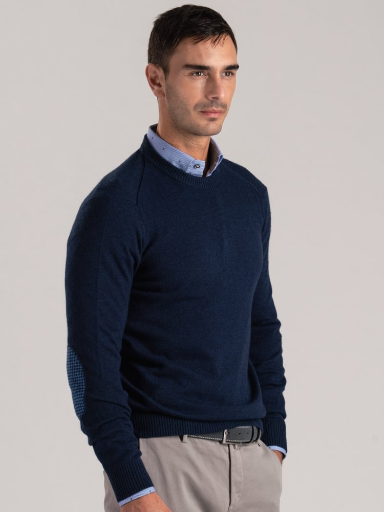 Maglia uomo girocollo con toppe misto cashmere