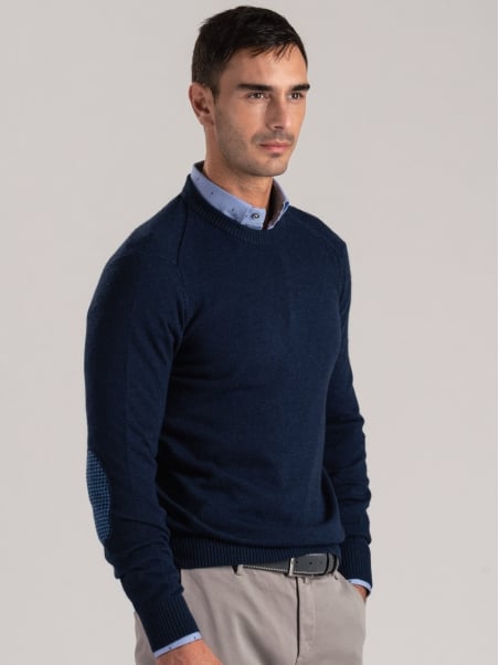 Maglia uomo girocollo con toppe misto cashmere