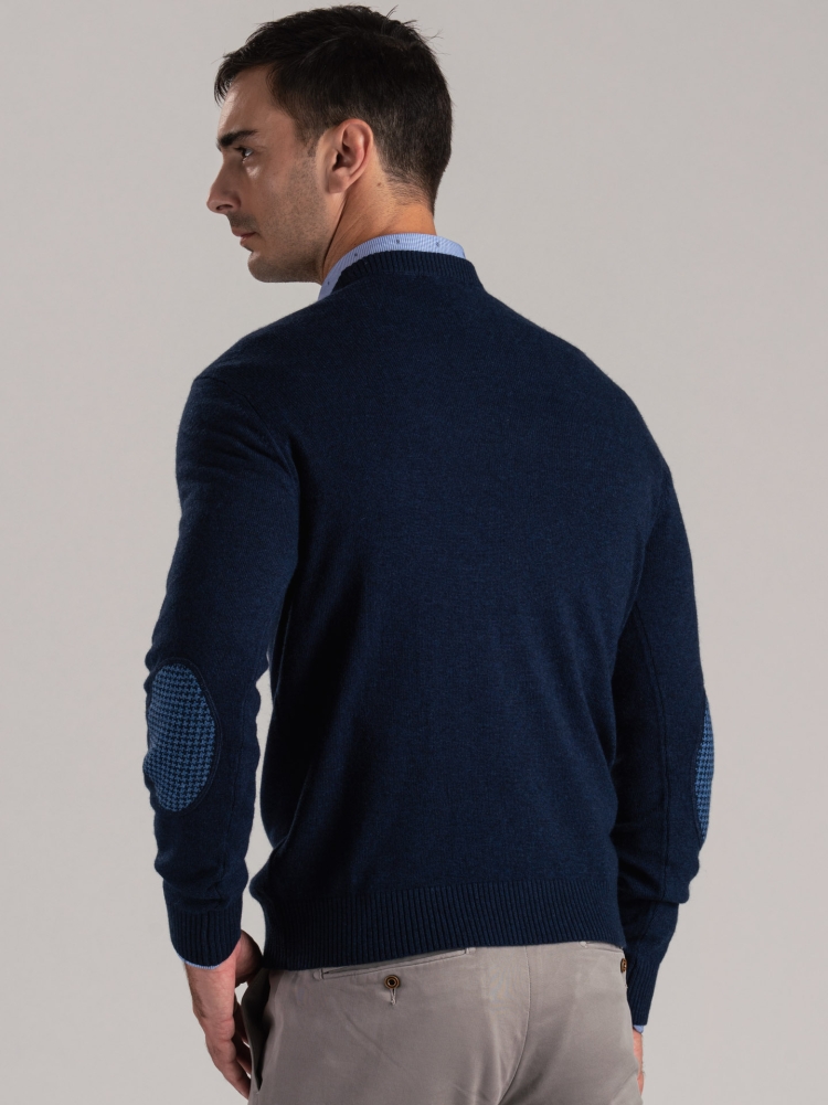 Jersey de hombre con cuello redondo y parches de mezcla de cachemira