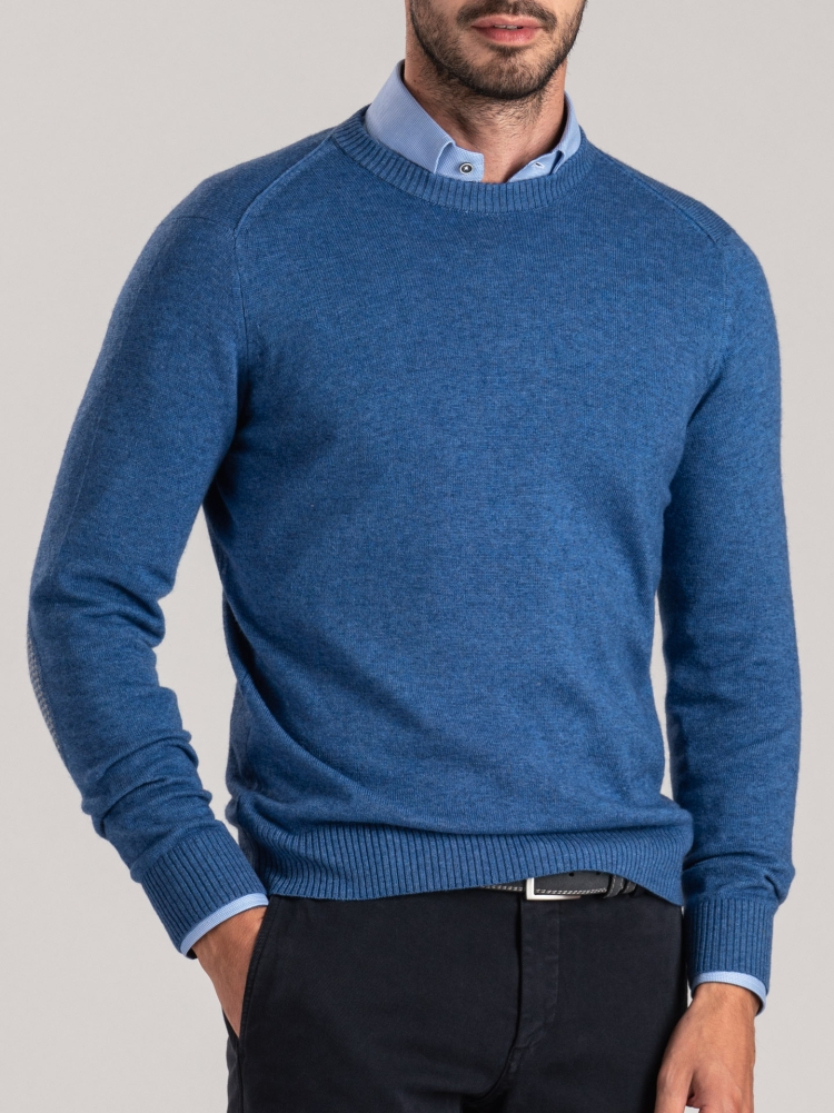 Jersey de hombre con cuello redondo y parches de mezcla de cachemira