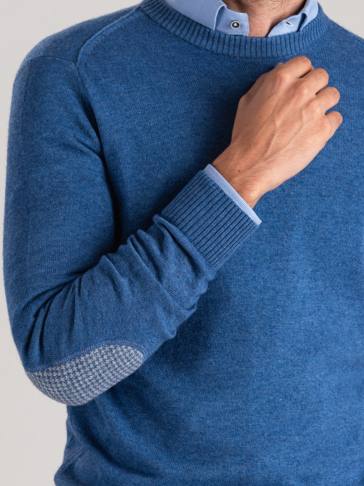 Jersey de hombre con cuello redondo y parches de mezcla de cachemira