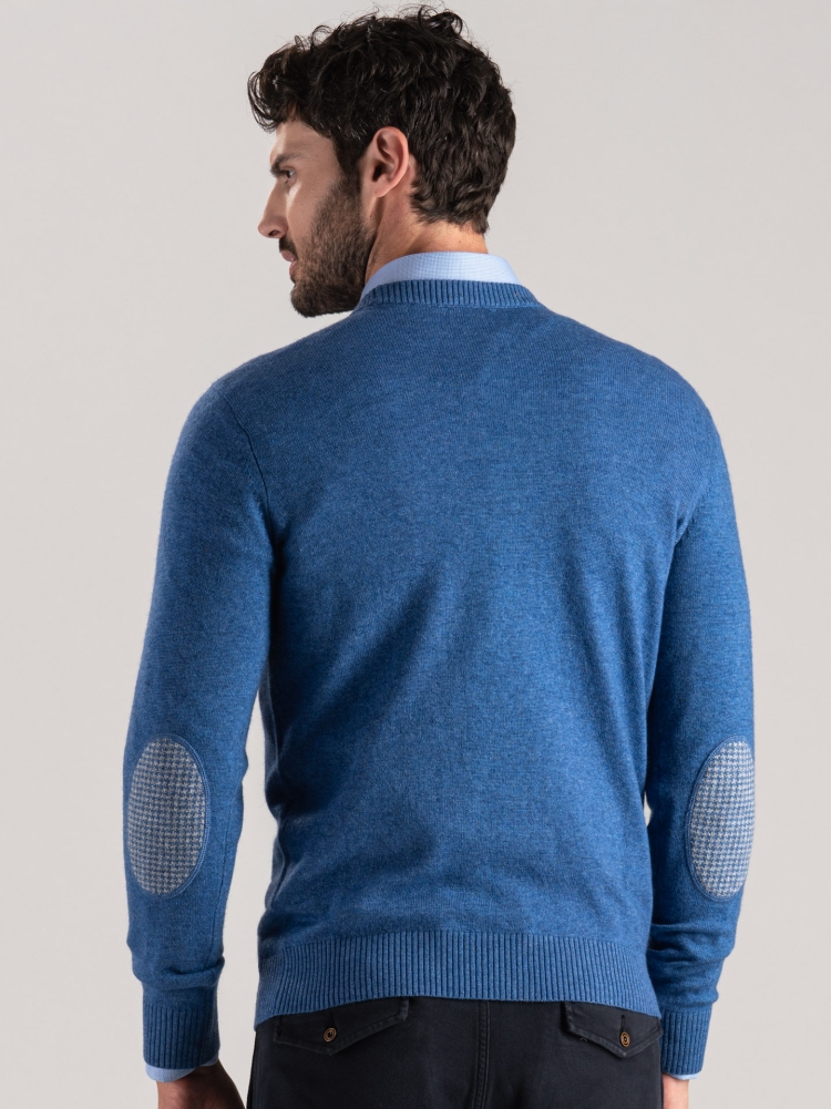 Jersey de hombre con cuello redondo y parches de mezcla de cachemira