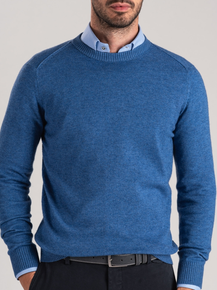Jersey de hombre con cuello redondo y parches de mezcla de cachemira
