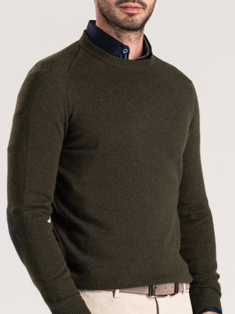 Jersey de hombre con cuello redondo y parches de mezcla de cachemira