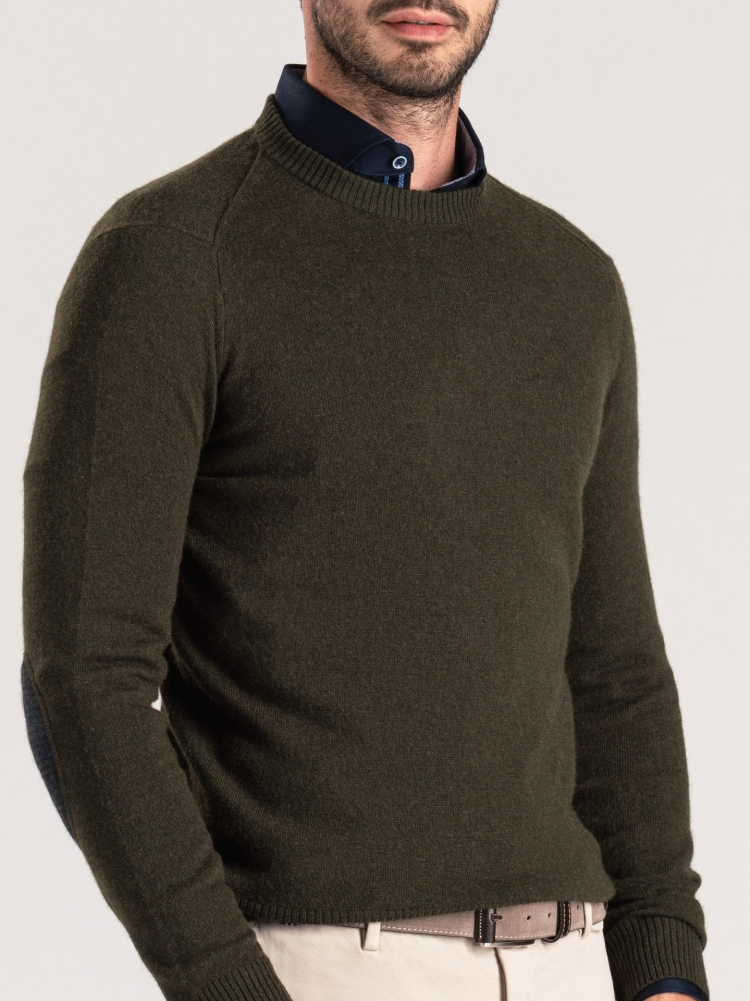 Jersey de hombre con cuello redondo y parches de mezcla de cachemira