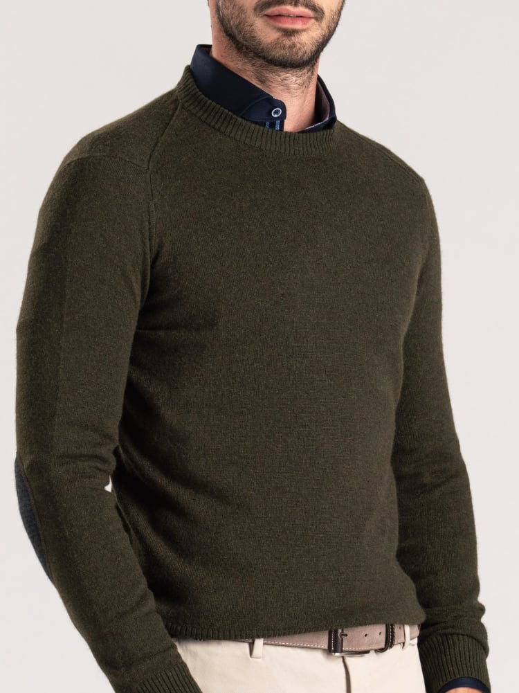 Maglia uomo girocollo con toppe misto cashmere