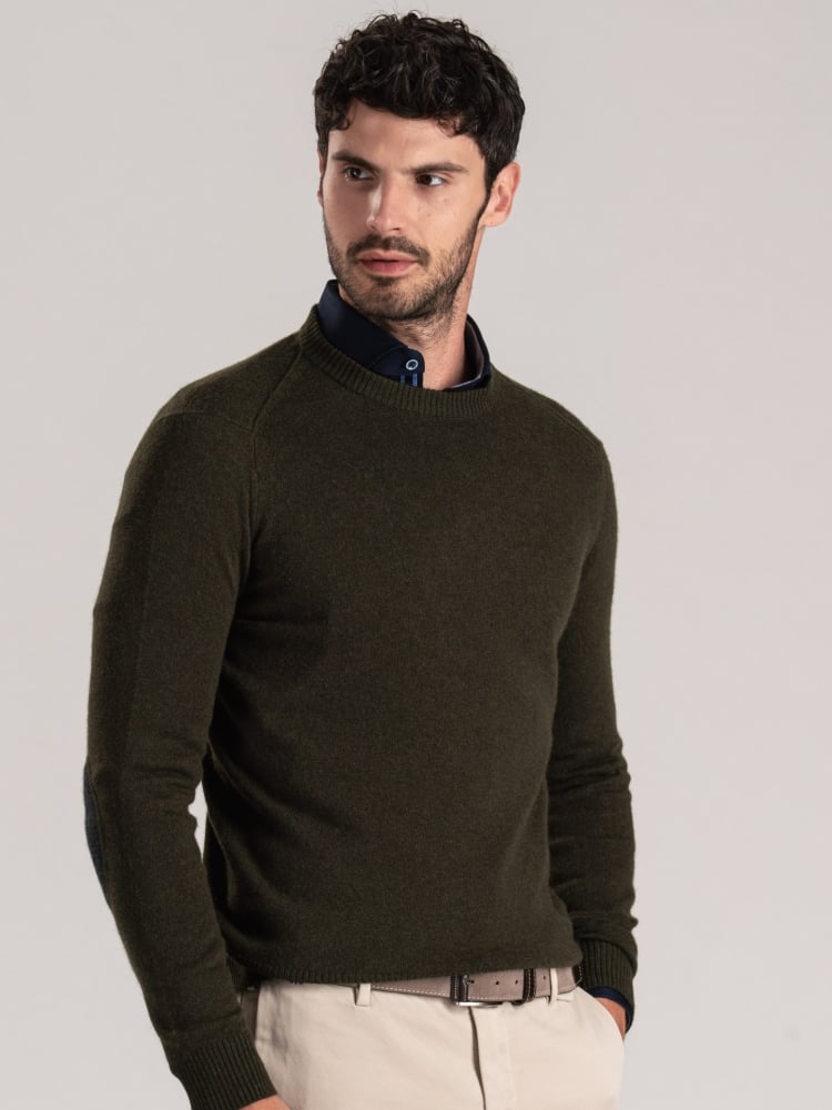 Maglia uomo girocollo con toppe misto cashmere