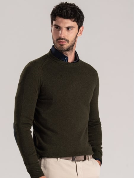 Maglia uomo girocollo con toppe misto cashmere