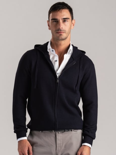 Maglia uomo misto lana full zip con cappuccio