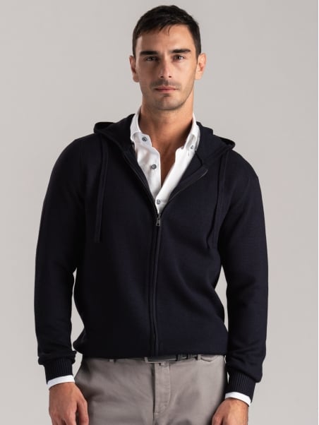 Maglia uomo misto lana full zip con cappuccio