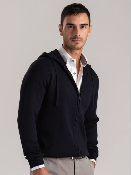 Maglia uomo misto lana full zip con cappuccio