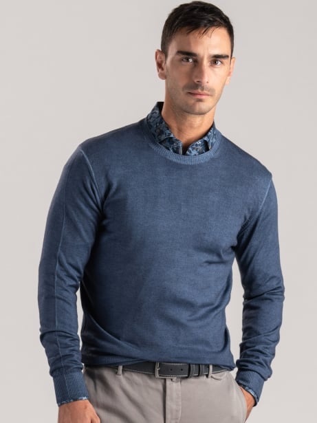 Jersey de cuello redondo para hombre en lana merino de efecto vintage