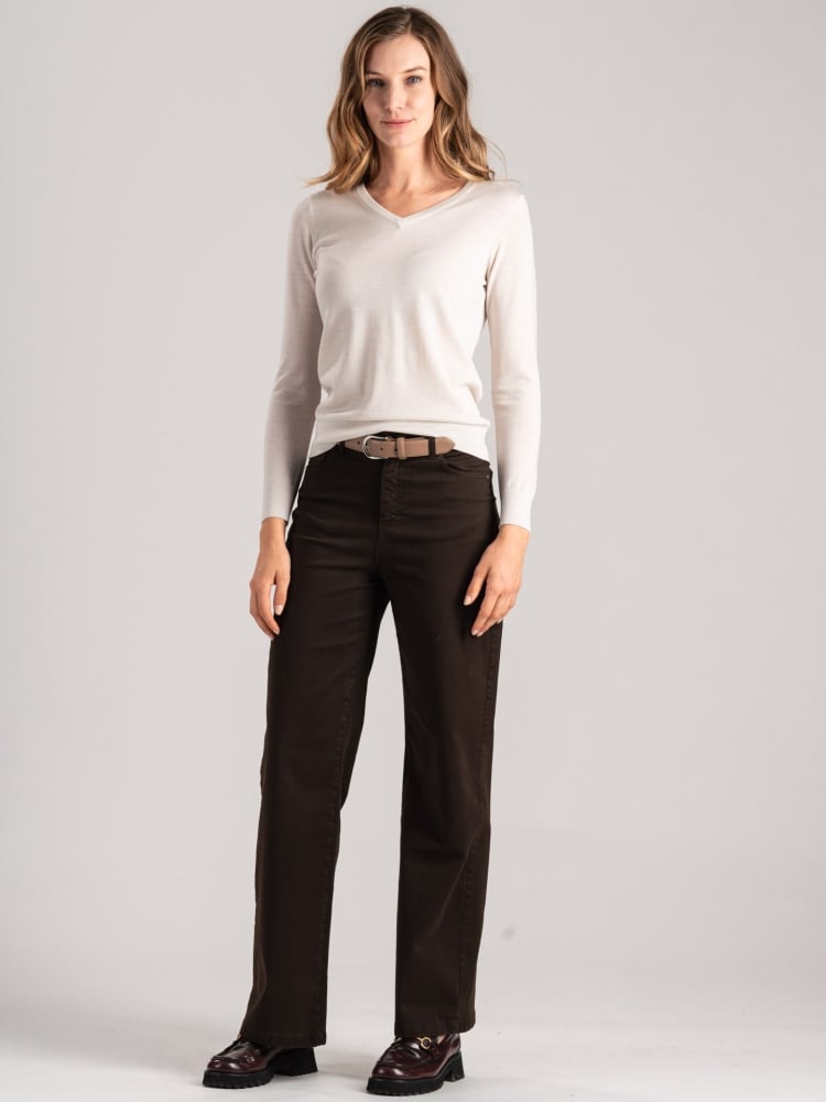 Jersey de lana merina con cuello de pico para mujer