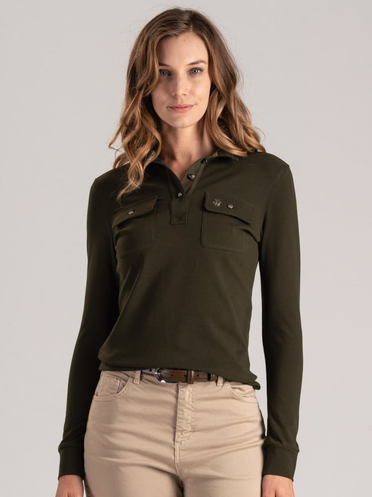 Polo de piqué de algodón para mujer con bolsillos de parche