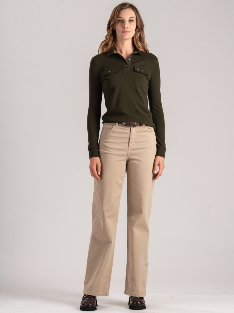 Polo de piqué de algodón para mujer con bolsillos de parche