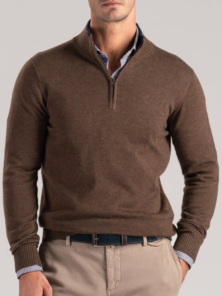 Jersey de hombre con media cremallera en mezcla de cachemira con contrastes