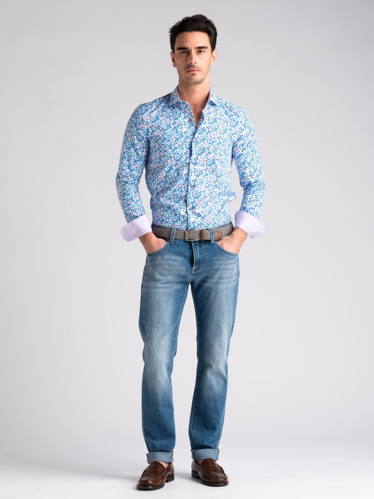 Camicia uomo floreale in popeline con collo semi francese