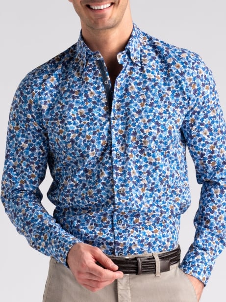Camicia uomo in popeline blu con stampa floreale